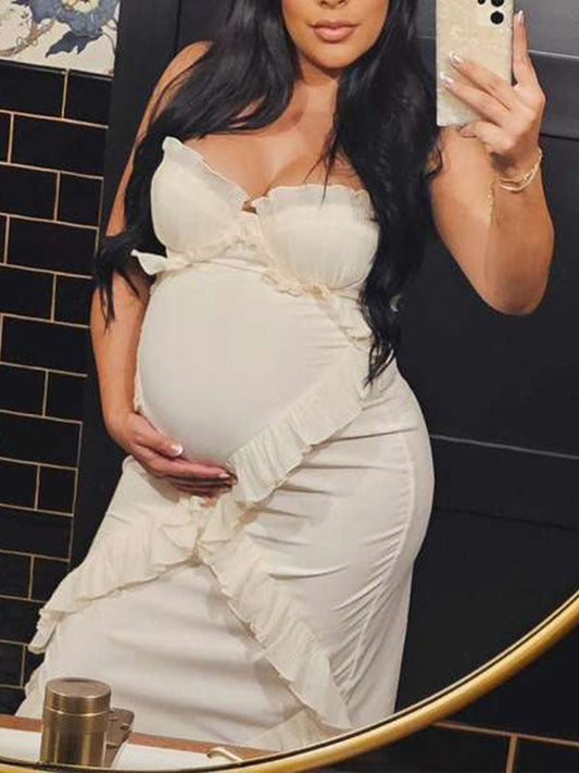 fotobeyou White Tulle Ruffle Side Slit Corset Cami Elegant Cocktail Party Maternity Maxi Dress