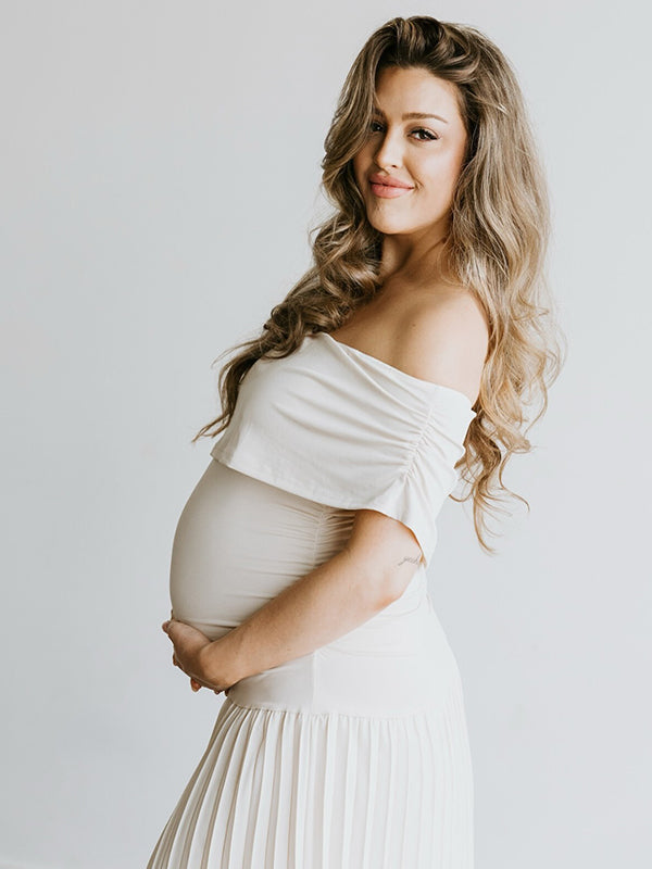fotobeyou Apricot Off Shoulder Ruched Pleated Big Swing Maternity Baby Shower Maxi Dress