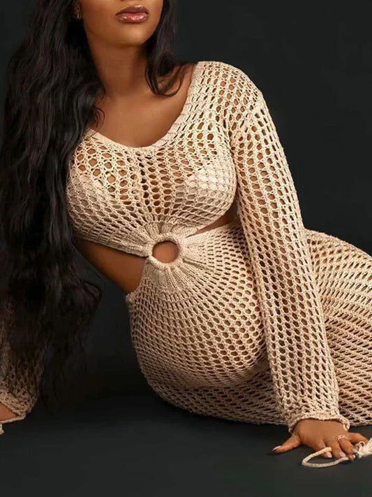 fotobeyou Apricot Knit Coverup Dress Mesh Bodycon Beach Hollow Out Midi Crochet Maternity Cut Out Dress