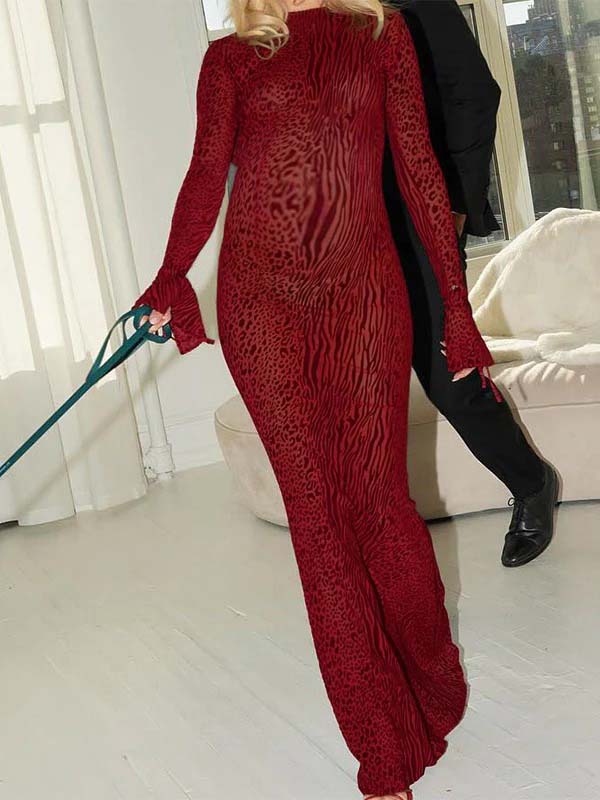 fotobeyou Red Leopard Backless Slit Flare Sleeve Sheer Bodycon Party Baby Shower Maternity Maxi Dress