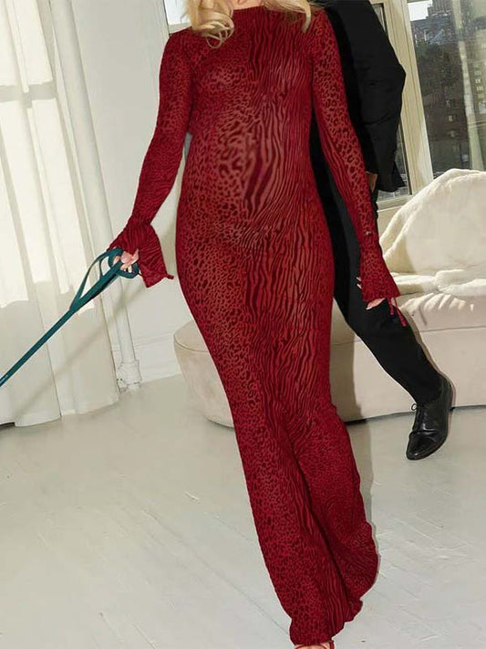fotobeyou Red Leopard Backless Slit Flare Sleeve Sheer Bodycon Party Baby Shower Maternity Maxi Dress