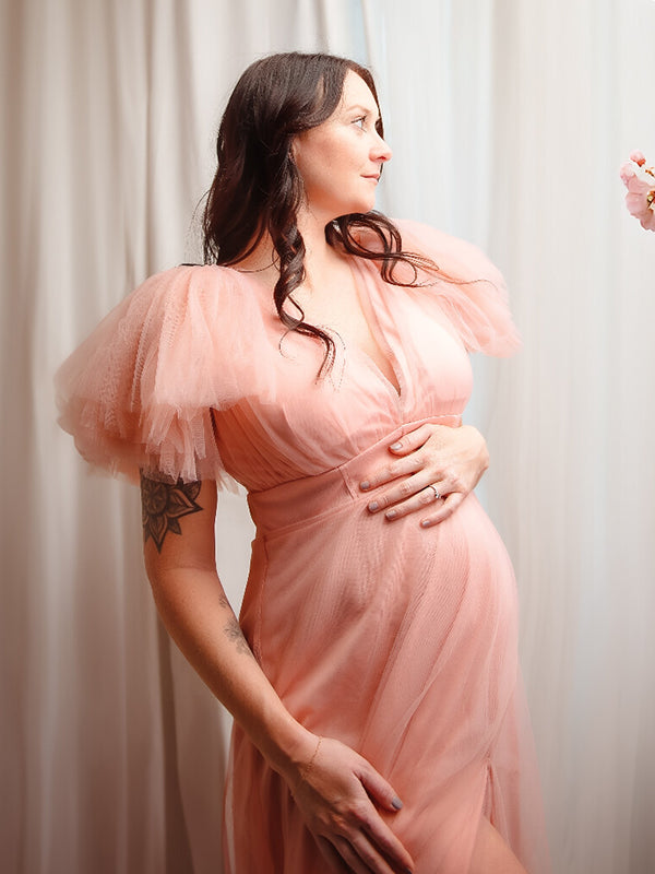 fotobeyou Pink Boho Elegant Ruffle Photoshoot Maternity Dress
