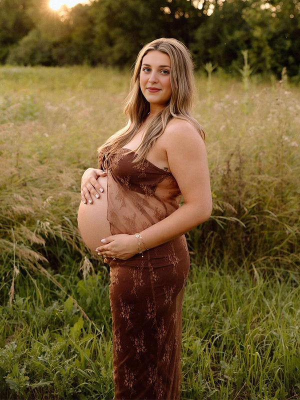 fotobeyou Brown 2 Pieces Set Lace Bow Photoshoot Maternity Maxi Dress