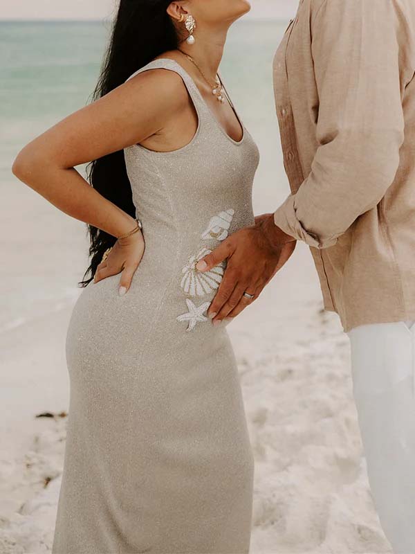 fotobeyou Knit Shell Pearl Pattern Sparkly Photoshoot Maternity Maxi Dress