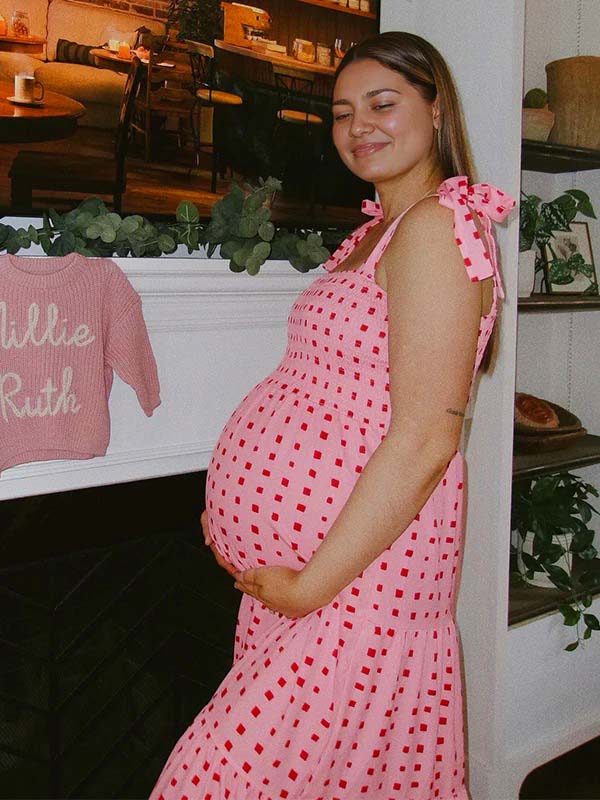 fotobeyou Bow Smocked Polka Dot Flowy Gender Reveal Baby Shower Maternity Maxi Dress