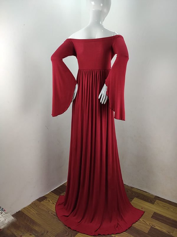 fotobeyou Solid Off Shoulder V-neck Slit Flare Sleeve Party Long Train Gown Maternity Photoshoot Maxi Dress