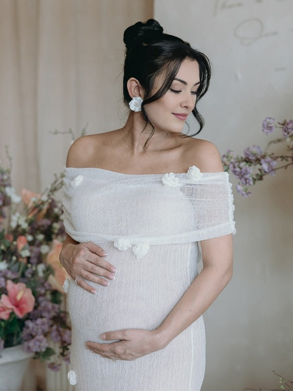 fotobeyou White Off Shoulder 3D Flowers Grenadine Sheer Bodycon Elegant Beach Photoshoot Baby Shower Maternity Maxi Dress