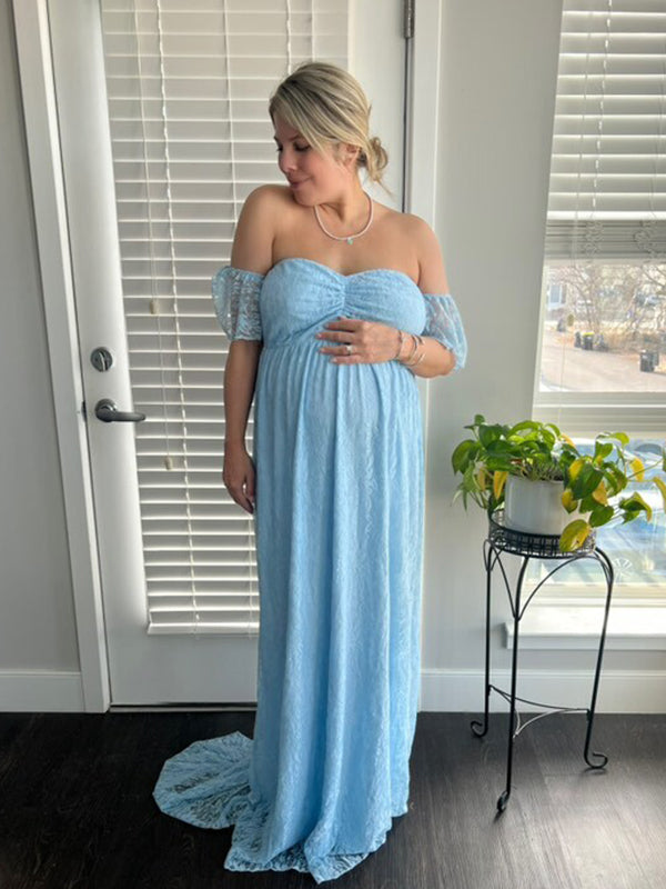 fotobeyou Solid Color Lace Off Shoulder Cap Sleeve Photoshoot Maternity Maxi Dress