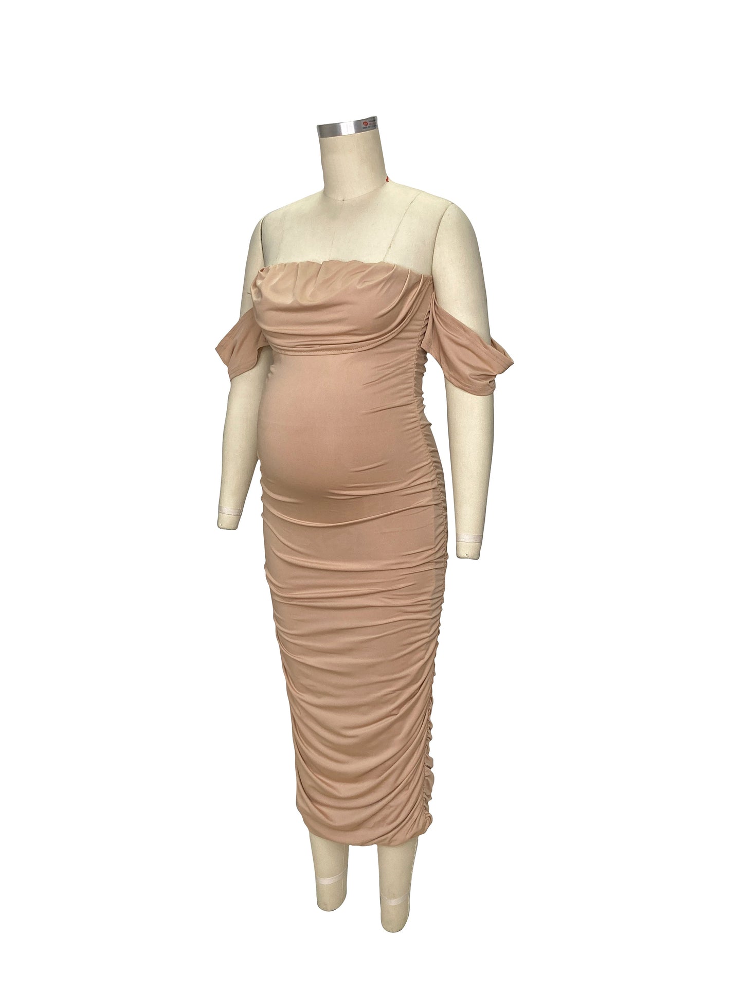 fotobeyou Khaki Ruched Off Shoulder Belly Friendly Baby Shower Club Party Tube Bodycon Maternity Midi Dress