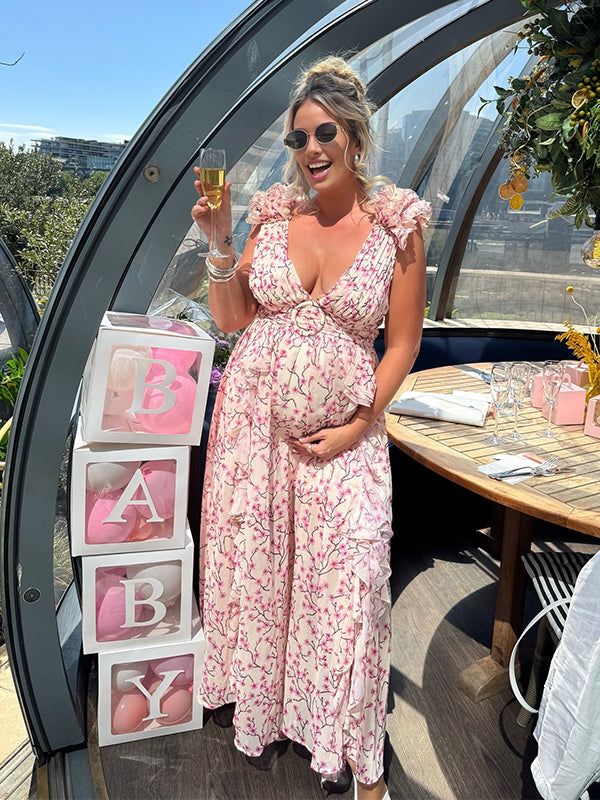 fotobeyou Ruffle Tutu Cut Out Back Tie Deep V-neck Flowy Baby Shower Maternity Maxi Dress