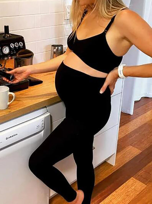 fotobeyou Black Pockets High Rise Stretch Pregnant Legging Sports Maternity Long Leggings