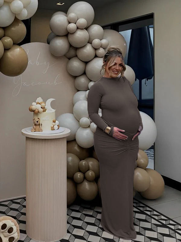 fotobeyou Solid Color Ruched High Neck Long Sleeve Bodycon Basic Going Out Elegant Maternity Baby Shower Maxi Dress