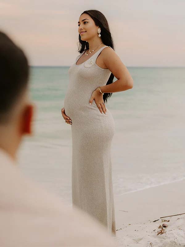 fotobeyou Knit Shell Pearl Pattern Sparkly Photoshoot Maternity Maxi Dress