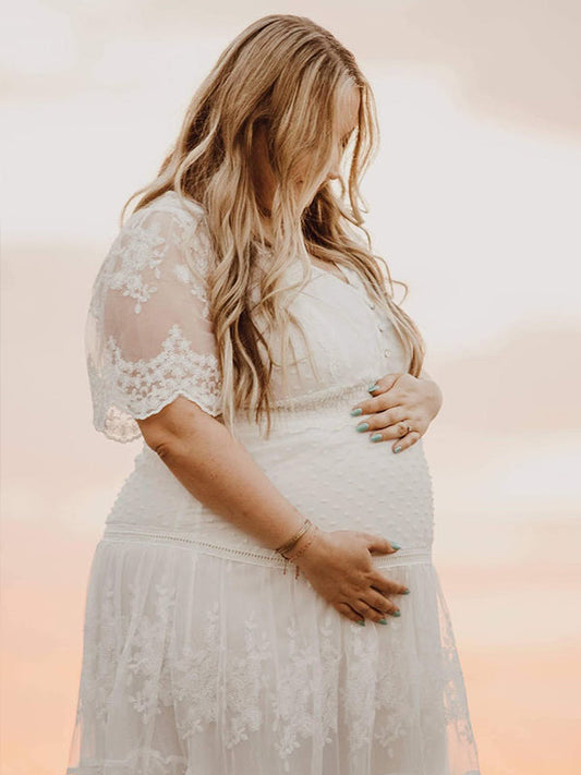 fotobeyou White Lace Ruffle Embroidery Boho Plus Photoshoot Maternity Maxi Dress