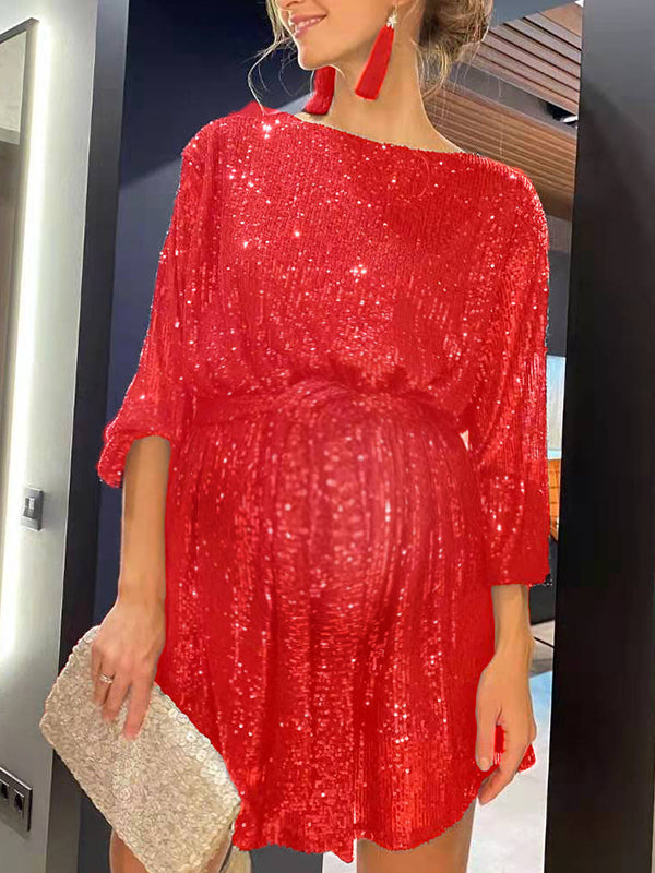 fotobeyou Sequin Sparkly Long Sleeve Belt Round Neck Photoshoot Formal  Babyshower Maternity Mini Dress