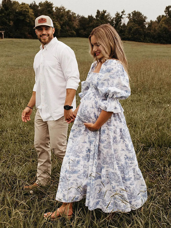 fotobeyou Ruffle Ruched High Waist Puff Sleeve Cute Photoshoot Maternity Maxi Dress