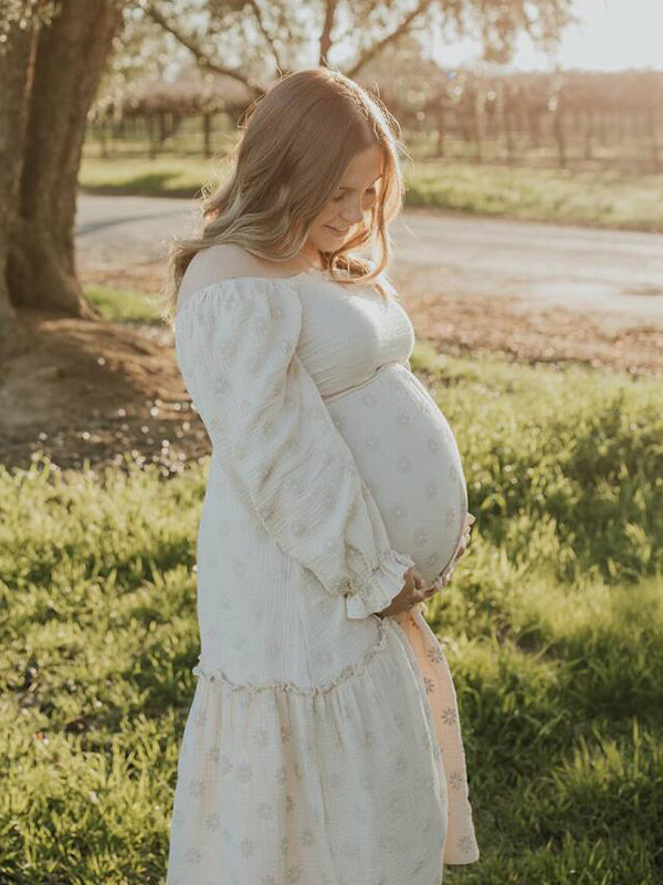 fotobeyou Apricot Daisy Print Smocked Off Shoulder Ruffle Big Swing Elegant Vacation Maternity Photoshoot Baby Shower Party Maxi Dress