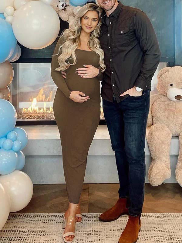 fotobeyou Coffee U neck Bodycon Daily Going out Baby Shower Maternity Photoshoot Maxi Dress