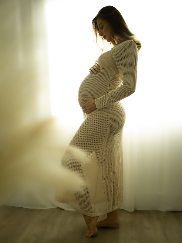 fotobeyou Beige Back Tie Knit Cut Out Flare Sleeve Elegant Photoshoot Baby Shower Maternity Maxi Dress