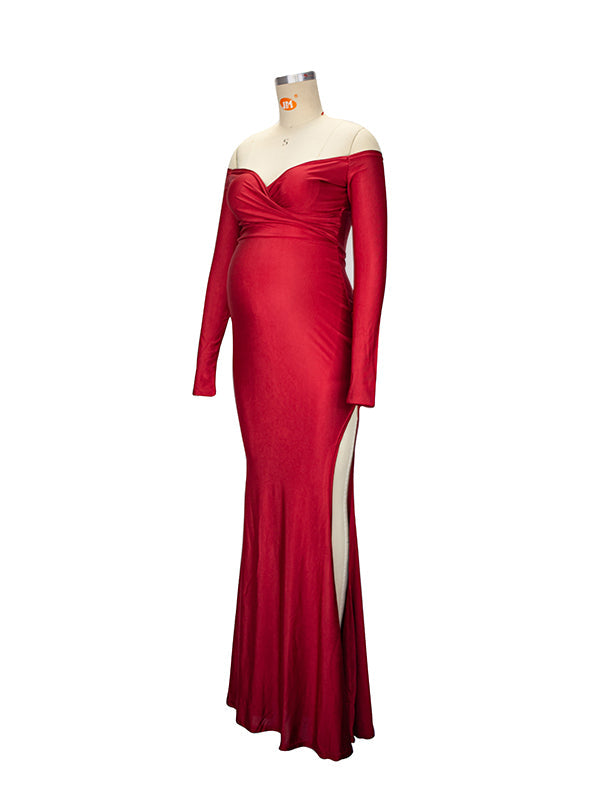 fotobeyou Off Shoulder Long Sleeve Slit Bodycon Solid Baby Shower Party Evening Gown Maternity Maxi Dress