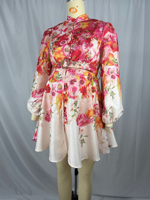 fotobeyou Floral Single Breasted Belt A-line Lantern Sleeve Elegant Maternity Baby Shower Mini Dress