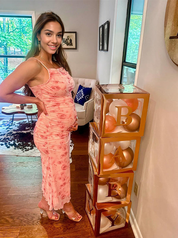 fotobeyou Pink Floral Tulle Ruched Bodycon Cute Gender Reveal Baby Shower Maternity Midi Dress