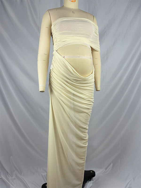 fotobeyou 2-in-1 One Shoulder Side Slit Grenadine Sheer Photoshoot Maternity Maxi Dress