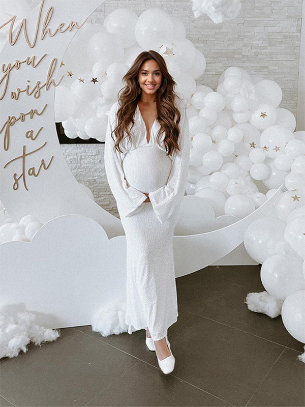 fotobeyou Belly Friendly Sequin Mermaid V-neck Dolman Sleeve Babyshower Maternity Maxi Dress