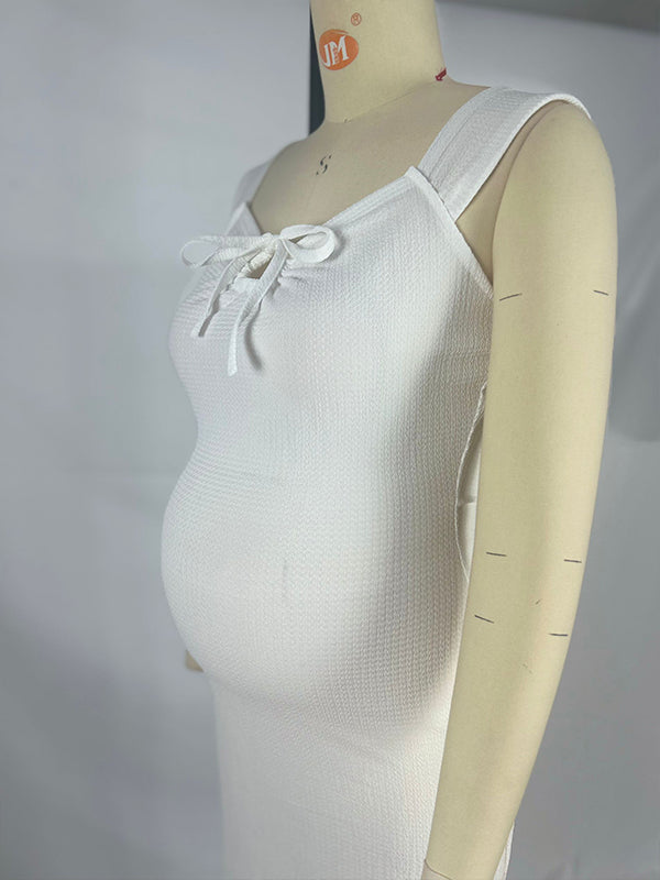 fotobeyou Smocked Bow Tie Side Slit Elegant Bodycon Vacation Beach Photoshoot Cute Baby Shower Maternity Maxi Dress