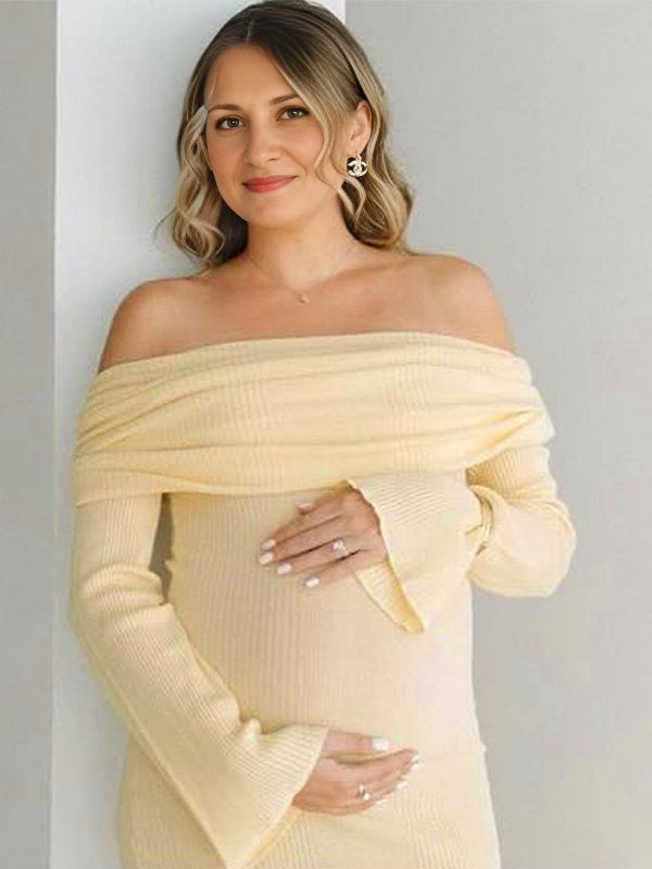 fotobeyou Yellow Knit Off Shoulder Flare Sleeve Mermaid Bodycon Elegant Vacation Photoshoot Baby Shower Maternity Maxi Dress