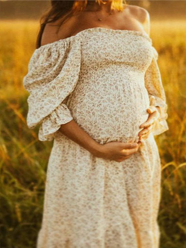 fotobeyou Ruffle Ruched High Waist Puff Sleeve Cute Photoshoot Maternity Maxi Dress