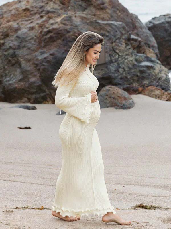 fotobeyou White Knit Pleated Tie Back Ruffle Falbala Frill Hem Backless Big Swing Elegant Cocktail Party Gown Maternity Photoshoot Baby Shower Maxi Dress
