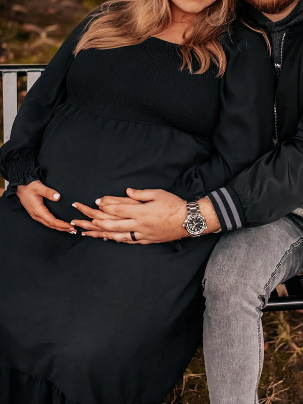 Black Smocked Falbala High Waisted Maternity Photoshoot Maxi Dress