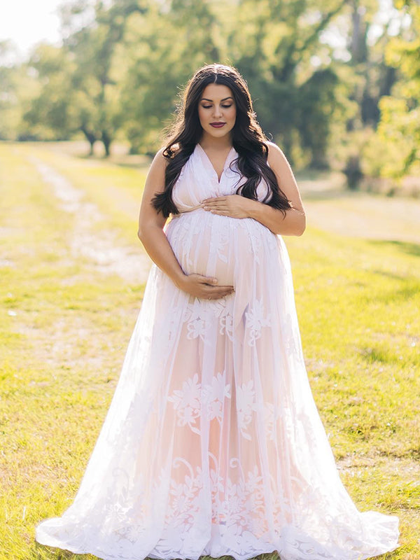 fotobeyou White Lace Boho Specially Maternity Photoshoot Maxi Dress