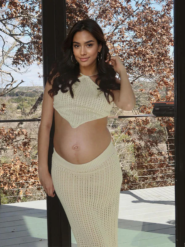 fotobeyou Beige 2 Piece Halter Neck Crochet Fashion Beach Vacation Bodycon Maternity Maxi Dress