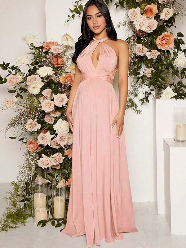 fotobeyou Pink Lace-up Halter Neck Banquet Ceremony Babyshower Maternity Photoshoot Maxi Dress