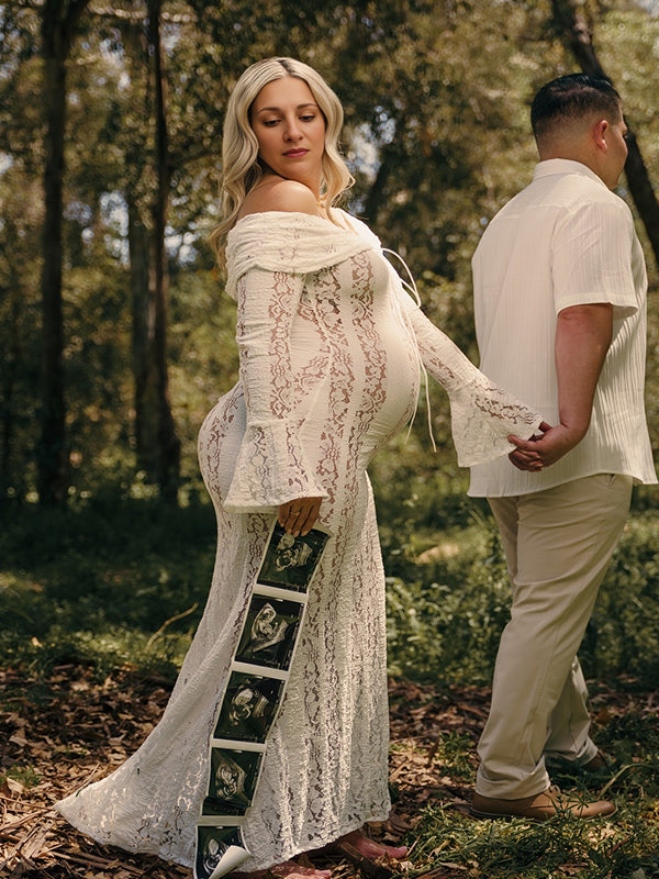 fotobeyou White Off Shoulder Lace Bandeau Tie Front Mermaid Plus Size Photoshoot Maternity Maxi Dress