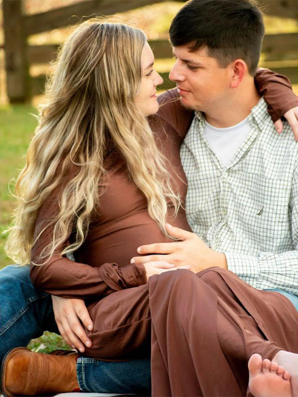 fotobeyou Solid Color Belt Splicing Ruched Draped Bodycon Mermaid Long Sleeve Going Out Photoshoot Maternity Maxi Dress