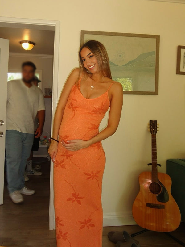 fotobeyou Nacarat Striped Stamp Bodycon Vacation Beach Maternity Photoshoot Maxi Dress