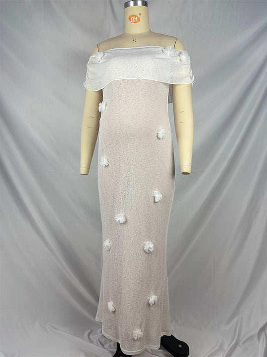 fotobeyou White Off Shoulder 3D Flowers Plus Size Baby Shower Maternity Maxi Dress