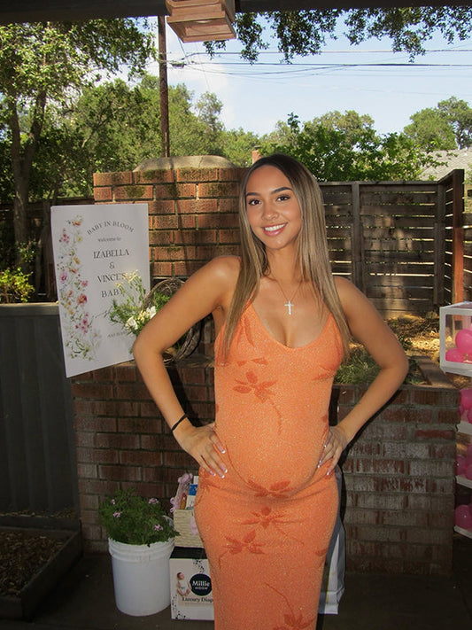fotobeyou Nacarat Striped Stamp Bodycon Vacation Beach Maternity Photoshoot Maxi Dress