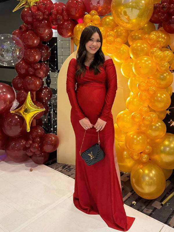 fotobeyou Off Shoulder Long Sleeve Slit Bodycon Solid Baby Shower Party Evening Gown Maternity Maxi Dress
