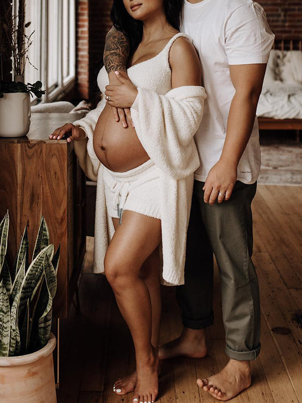 fotobeyou Ivory Three-piece Cozy Knit Set Plus Size Crop Top Cardigan Fluffy Loungewear Casual Daily Maternity Outfit