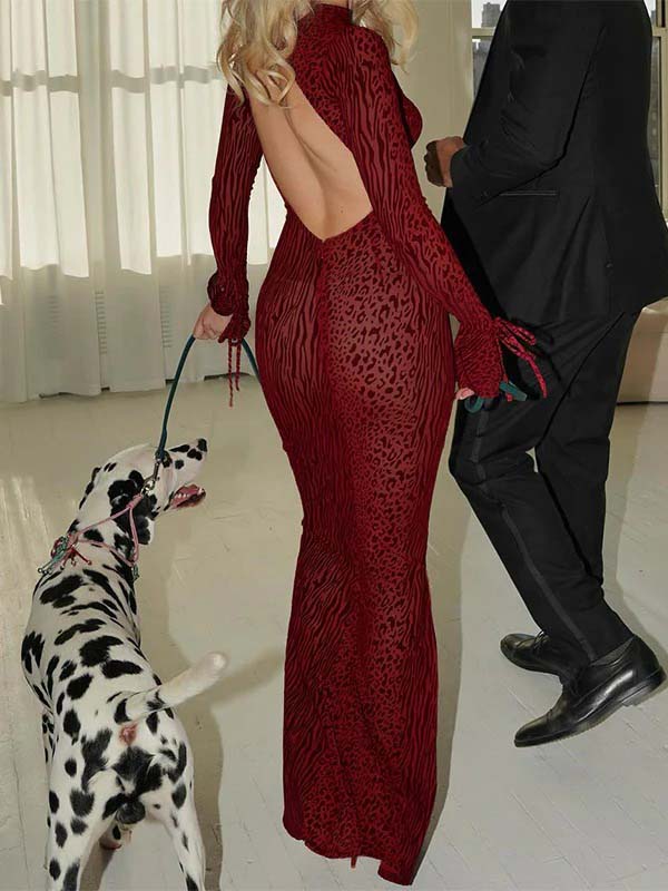 fotobeyou Red Leopard Backless Slit Flare Sleeve Sheer Bodycon Party Baby Shower Maternity Maxi Dress
