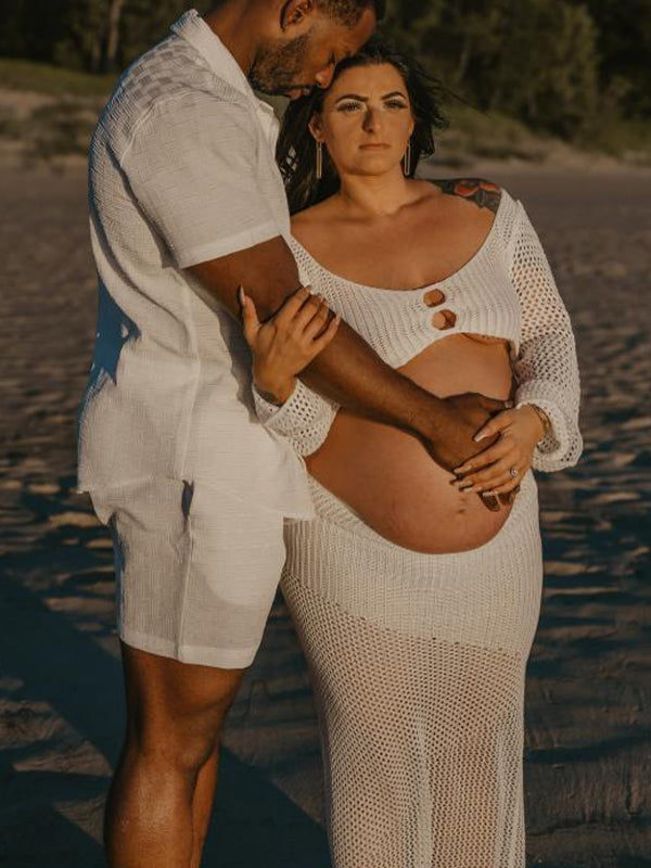 fotobeyou White 2 Piece Crochet Mesh Backless Flare Sleeve Bodycon Vacation Beach Photoshoot Baby Shower Maternity Maxi Dress