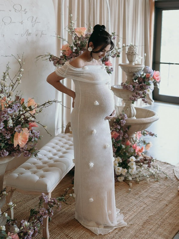 fotobeyou White Off Shoulder 3D Flowers Grenadine Sheer Bodycon Elegant Beach Photoshoot Baby Shower Maternity Maxi Dress