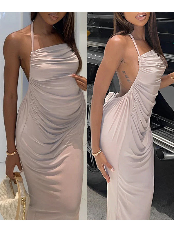 fotobeyou Beige Ruched Halter Neck Backless Bodycon Fashion Maternity Midi Dress