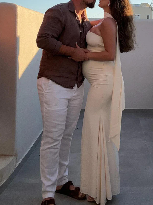 fotobeyou Ivory White Bandeau Strapless Mermaid Dress With Scarf Cocktail Maternity Maxi Dress