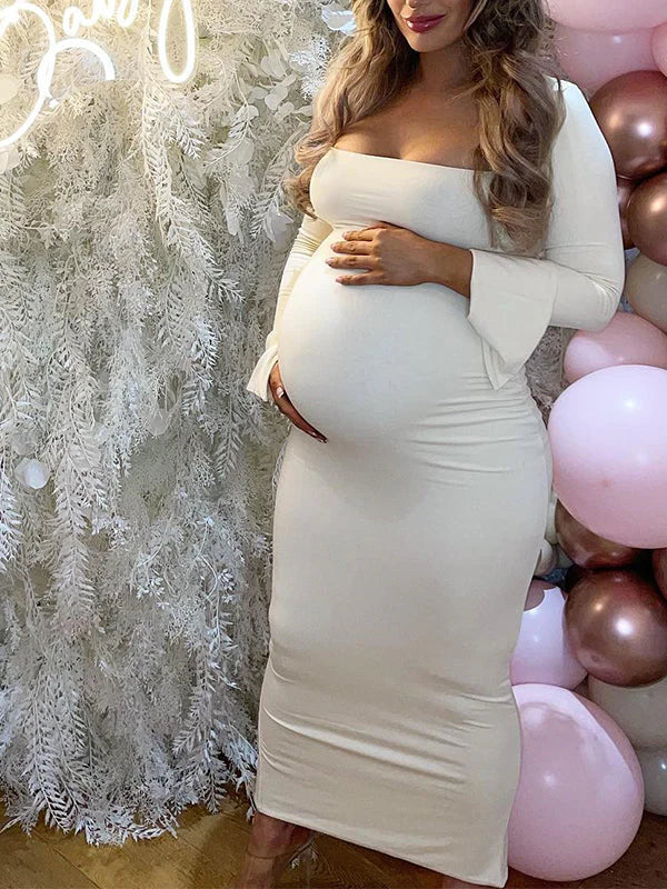fotobeyou Elegant Long Sleeve Maternity Dress Ultimate Gender Reveal Outfit White Bodycon Dress