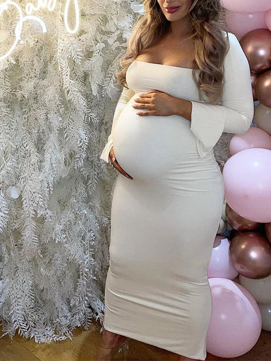 fotobeyou Elegant Long Sleeve Maternity Dress Ultimate Gender Reveal Outfit White Bodycon Dress
